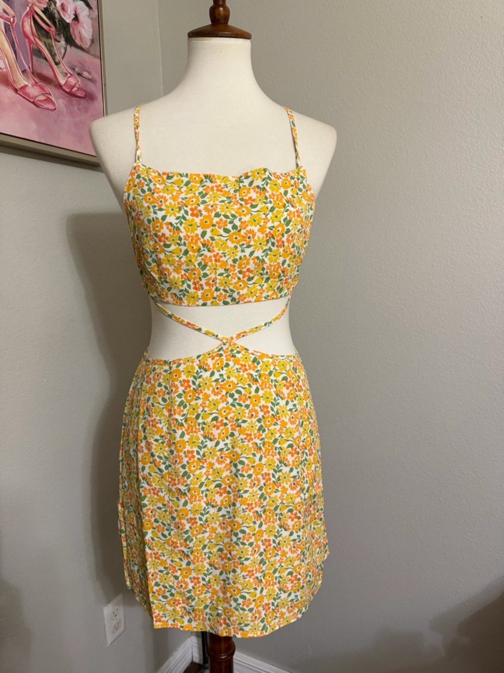 Floral Cut Out Mini Dress Open Back Tie Summer Dress Size M (Runs Small)